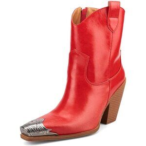 Women's Red 1 Engraved Steel Toe Cowgirl Boots Stacked Block Heels Short Boots